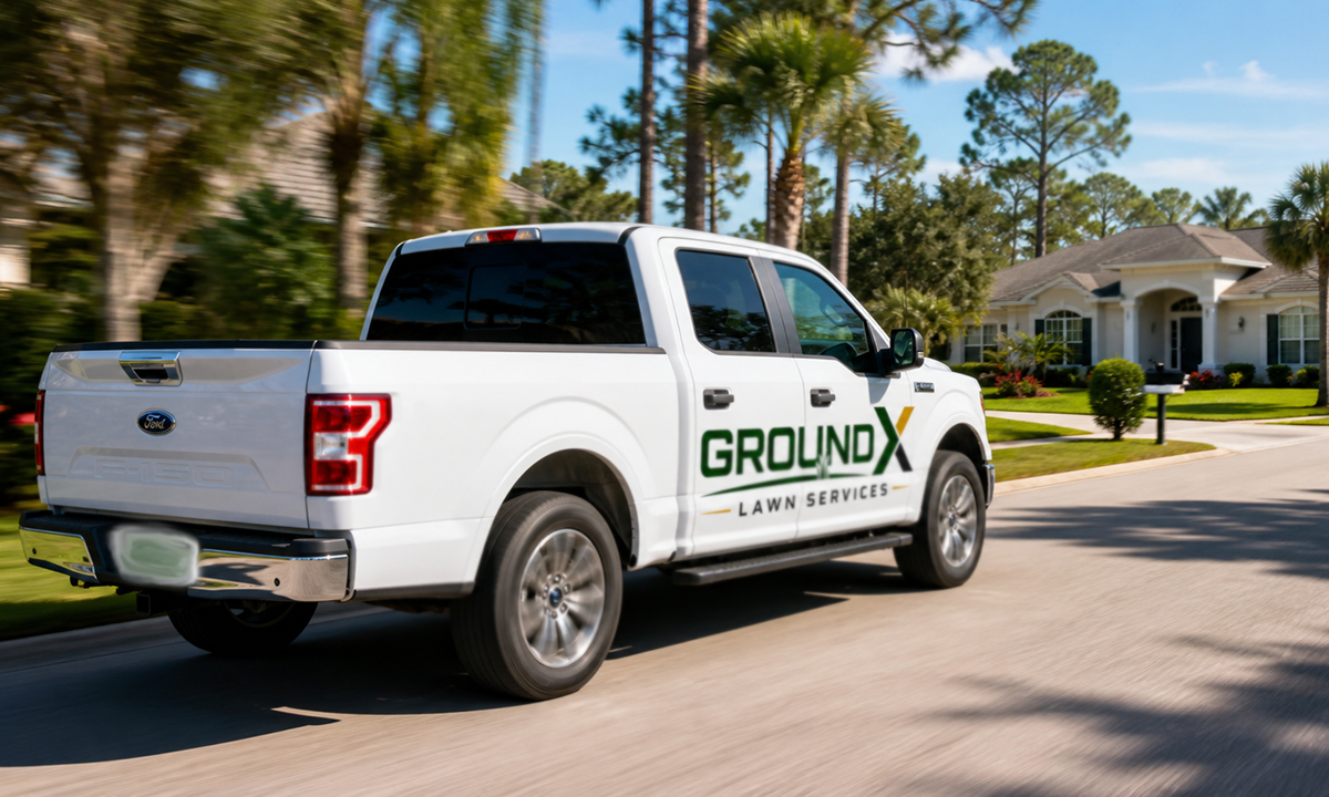 Ground X Lawn Services Ford F-150 traveling through a Florida neighborhood in North Port or Port Charlotte
